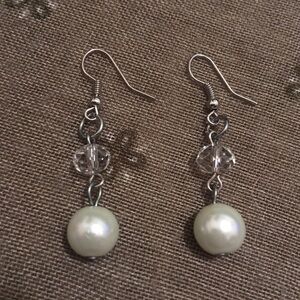Vintage Beautiful Faux Pearl and Clear Beaded Dangle Hook Earrings